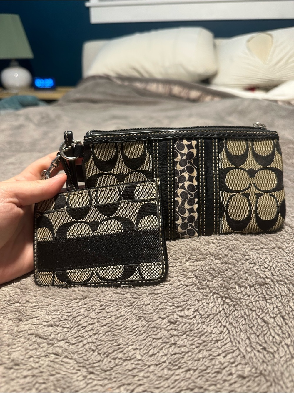 Coach Khaki & Black Signature Canvas Wristlet with Mini Skinny Wallet